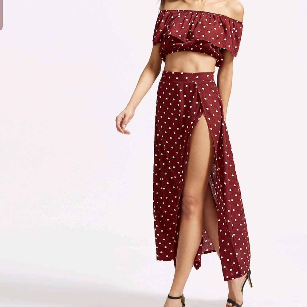 Polka Dot Ruffle Crop Top with Split Skirt